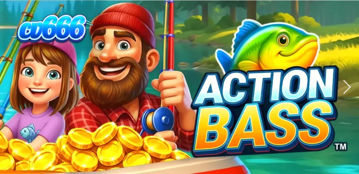 Action Bass স্লট গেমের ইন্টারফেস এবং মাছ ধরার দৃশ্য